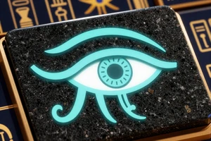 Eye of Horus Slot mit leuchtendem t&uuml;rkisfarbenem Auge auf schwarzem Granit - Merkur bei Cleobetra