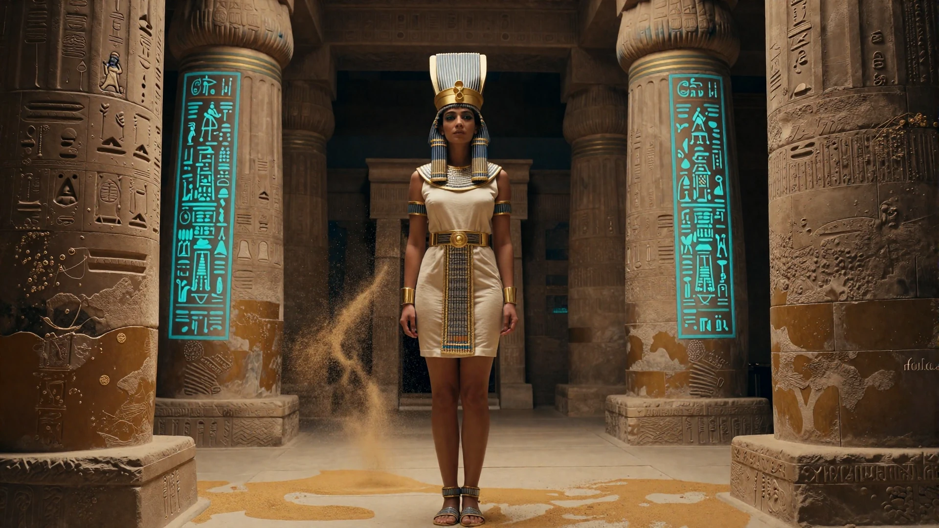 Cleopatra steht selbstbewusst zwischen leuchtenden Spiels&auml;ulen mit hieroglyphischen Bildschirmen - Cleobetra Casino Spiele-Lobby