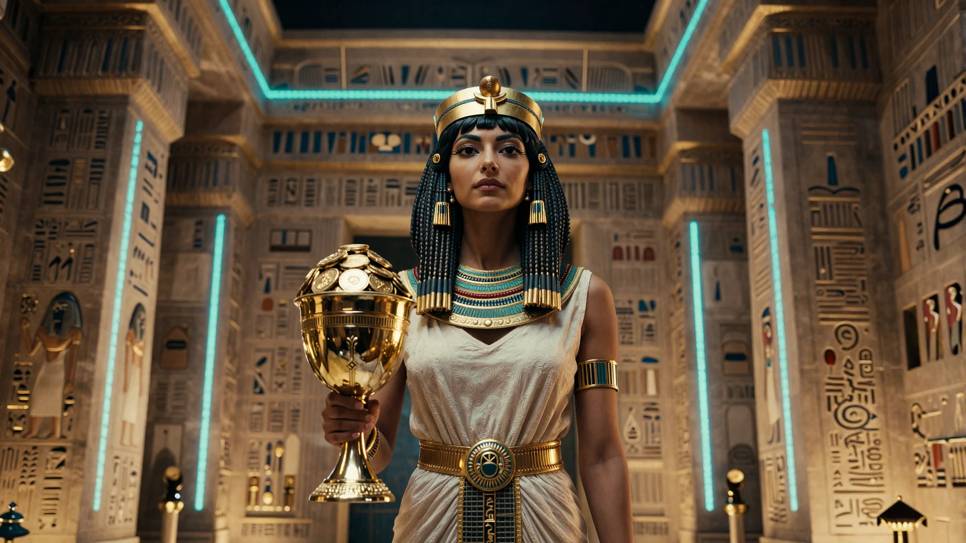 Cleopatra mit goldenem Kelch voller Goldm&uuml;nzen im Tempelschatzhaus - Cleobetra Casino Bonus