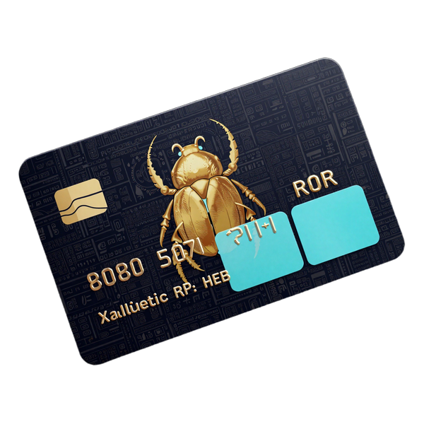 PaysafeCard-&auml;hnliche Prepaid-Karte mit goldenem Skarab&auml;us-Wasserzeichen und t&uuml;rkisfarbenem PIN-Feld - Cleobetra Casino