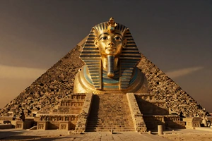 Pyramid King Slot mit goldener Krone auf Pyramidenstufen bei Sonnenuntergang - NetEnt bei Cleobetra