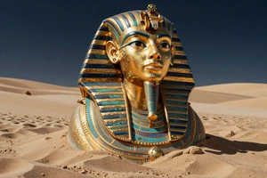 Pharaohs Dream Slot mit goldener Maske halb im Sand versunken - Novomatic bei Cleobetra