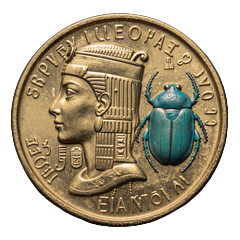 Goldene M&uuml;nze mit Cleopatra-Profil und t&uuml;rkisfarbenem Skarab&auml;us - Cleobetra Casino Bonus ohne Einzahlung Symbol