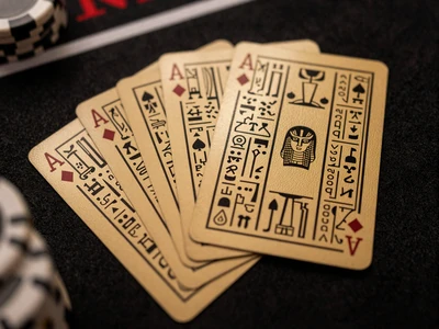 Goldene Spielkarten auf schwarzem Filz mit hieroglyphischem R&uuml;cken - Blackjack bei Cleobetra Casino