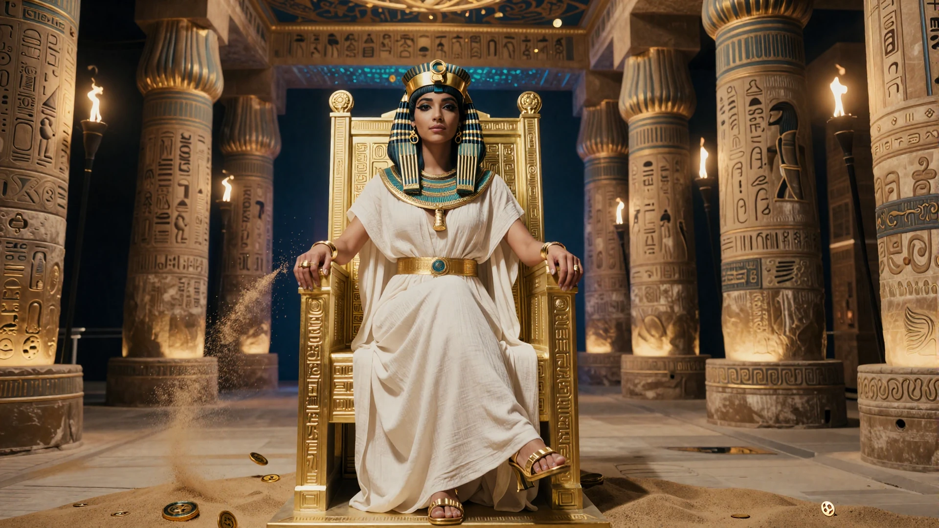 Cleopatra auf goldenem Thron im beleuchteten Tempel mit hieroglyphischen S&auml;ulen - Cleobetra Casino