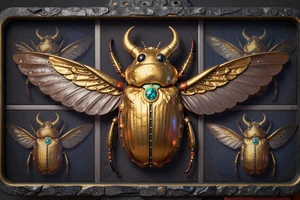 Scarab Riches Slot mit goldenem Skarab&auml;us mit ausgebreiteten Fl&uuml;geln - Play n GO bei Cleobetra