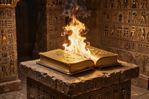 Book of Ra Slot mit brennendem goldenem Buch auf Steinaltar - Novomatic Casinospiel bei Cleobetra