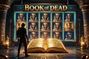 Book of Dead Slot mit Entdecker-Silhouette vor goldenem Buch - Freispiele bei Cleobetra Casino