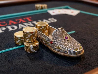 Goldener Chip-Stapel neben juwelenbesetztem Kartenschuh - Baccarat bei Cleobetra Casino