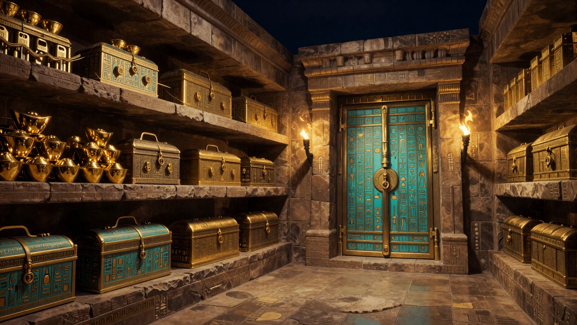 &Auml;gyptische Schatzkammer mit goldenen Barren und t&uuml;rkis leuchtendem hieroglyphischem Schloss - Zahlungsmethoden bei Cleobetra Casino