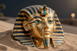 Pharaohs Gold Slot mit goldener Maske im Sand - NetEnt Casinospiel bei Cleobetra